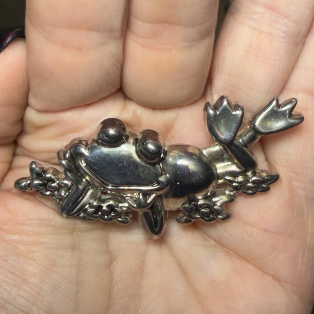 Signed Frog Brooch Pendant, Silver Tone Floral Detail 2.25 Inches Signed BEST